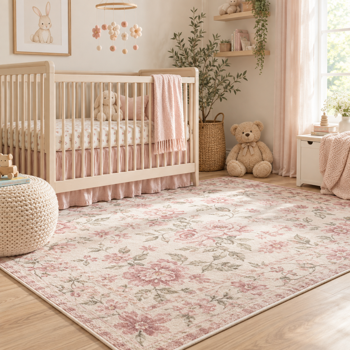 Cream Rosalie Floral Nursery Rug