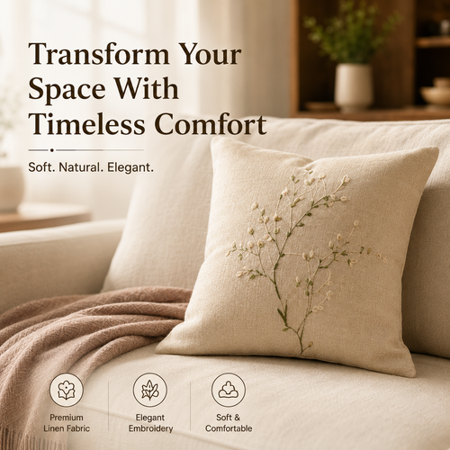 Linen Cushion – Embroidered Natural Linen Pillow For Elegant Living